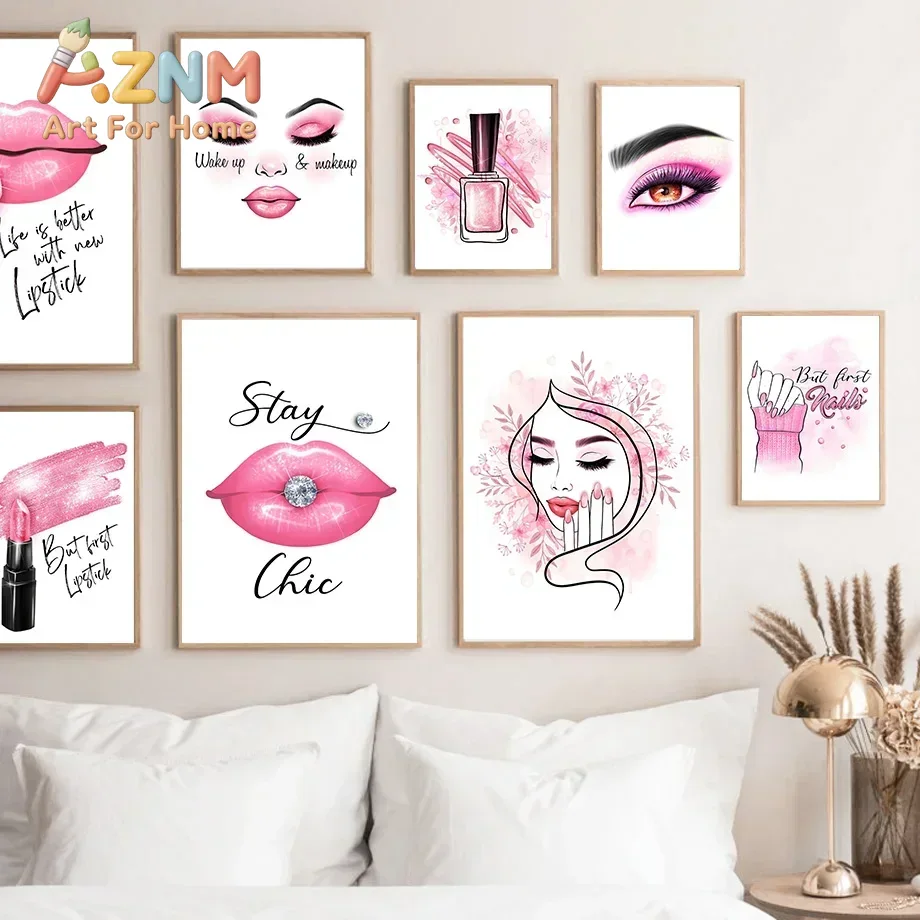 Nail Art Pink - AZNM Rahmenloses Leinwand-Wandbild, rosa Make-up, Lippenstift,