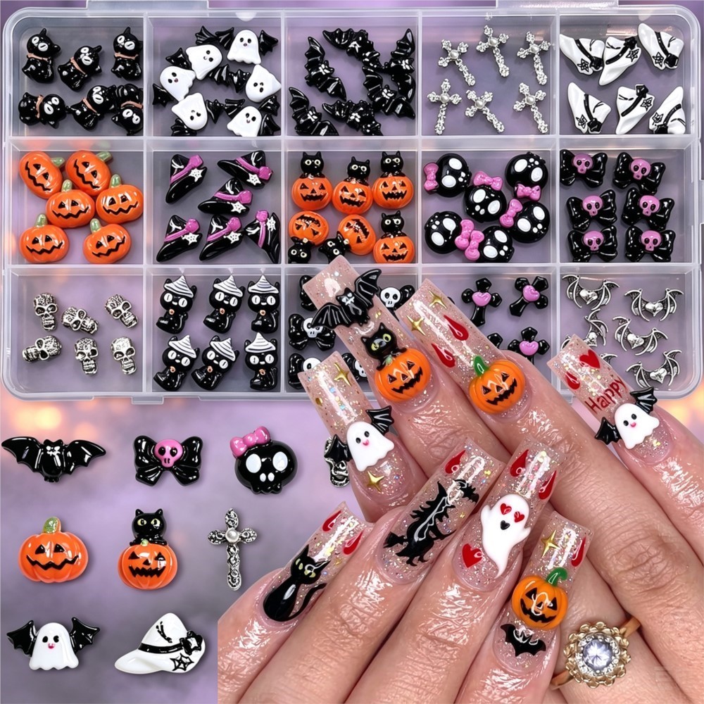 Nail Art Valentines Day - 15Grid 3D Niedliche Halloween-Kürbis/Schädel/Geist/Kreuz Nagelsteine Schwarze