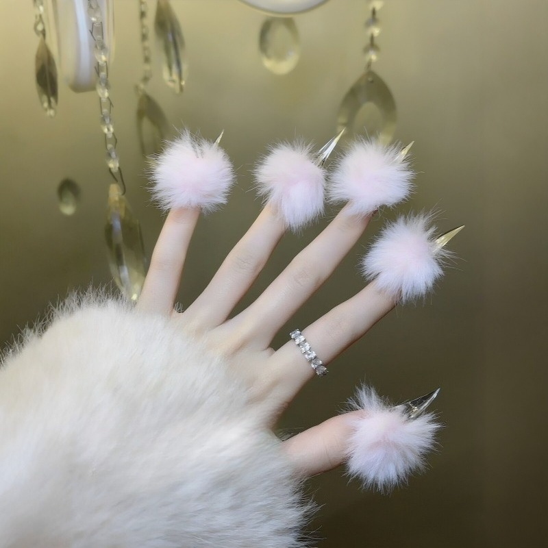 Nail Art Press On - Handgefertigte, lange, katzenklauenförmige Aufklebenägel, flauschige Pom-Pom-Drachenpfoten-Kunstnägel,